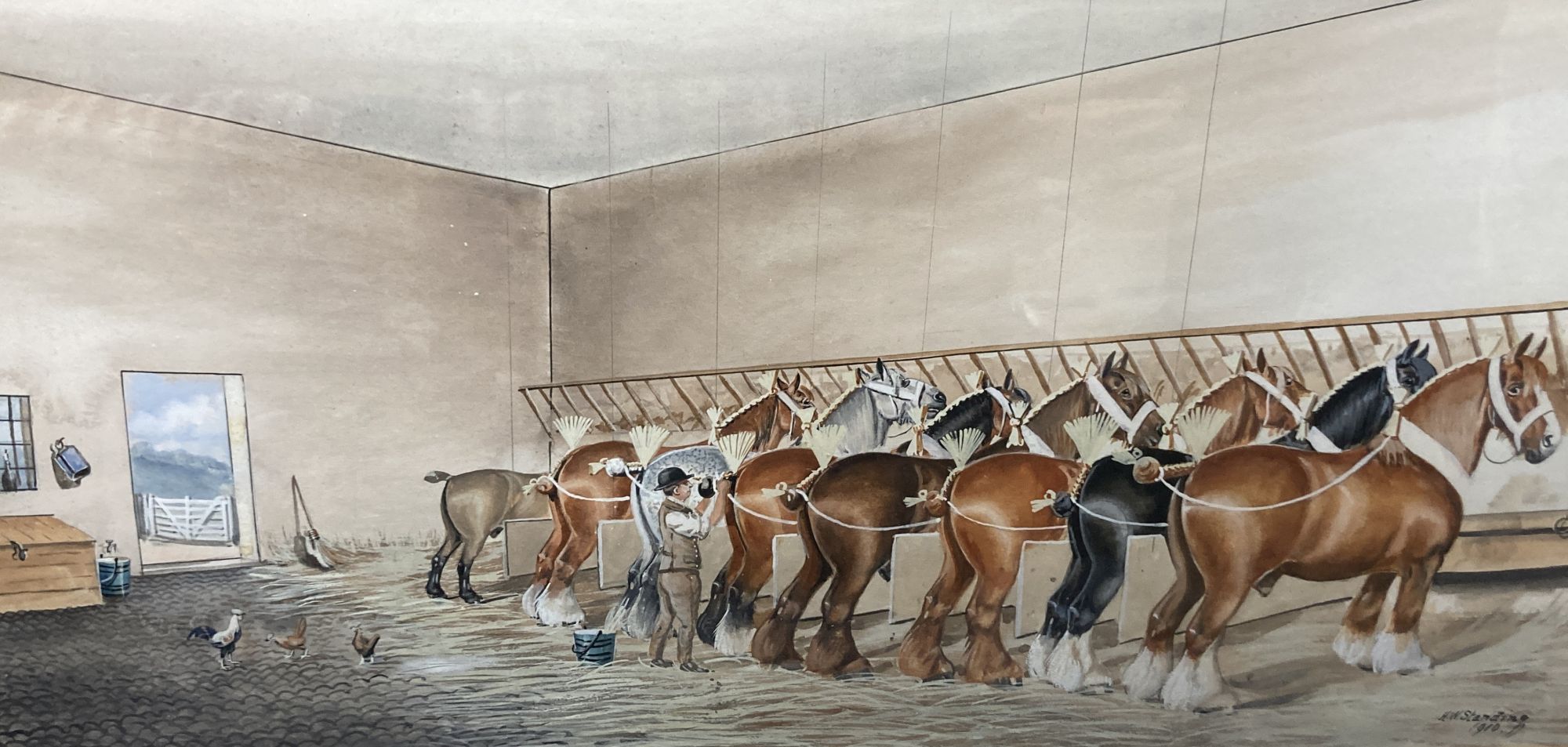 Henry William Standing (1894-1931), pair of watercolours, Heavy horses and groom in a stall, signed and dated 1910, 36 x 74cm